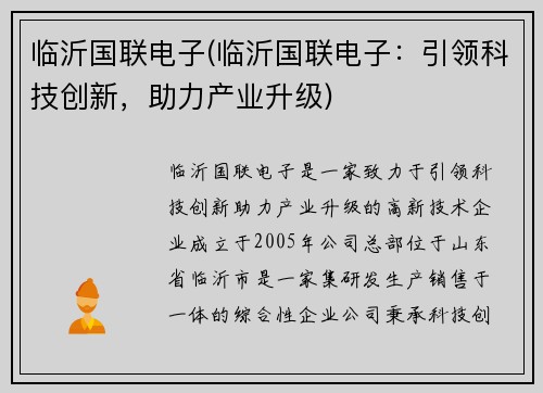 临沂国联电子(临沂国联电子：引领科技创新，助力产业升级)